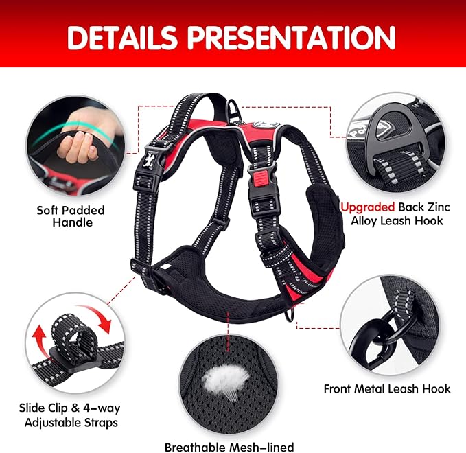 PoyPet Dog Harness and Leash Combo, Escape Proof No Pull Vest Harness, with 5 Feet Leash, Reflective Adjustable Soft Padded Pet Harness with Handle for Small to Large Dogs(Red,XL)
