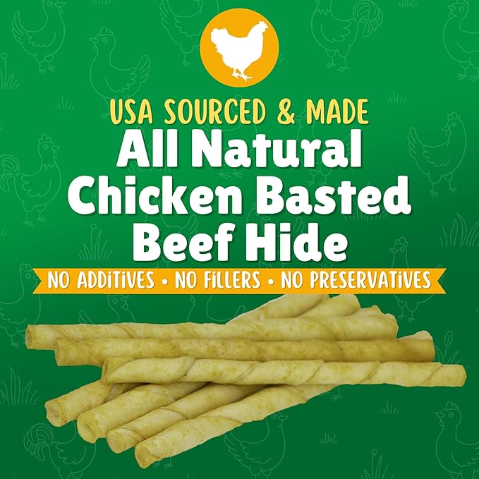 Chicken Basted Rawhide Twist Sticks Dog Treats – 125ct. Premium Rawhide Chew Sticks – Long Lasting Chicken Flavored Chews for Small Dogs Made in USA with Natural Beef Hide