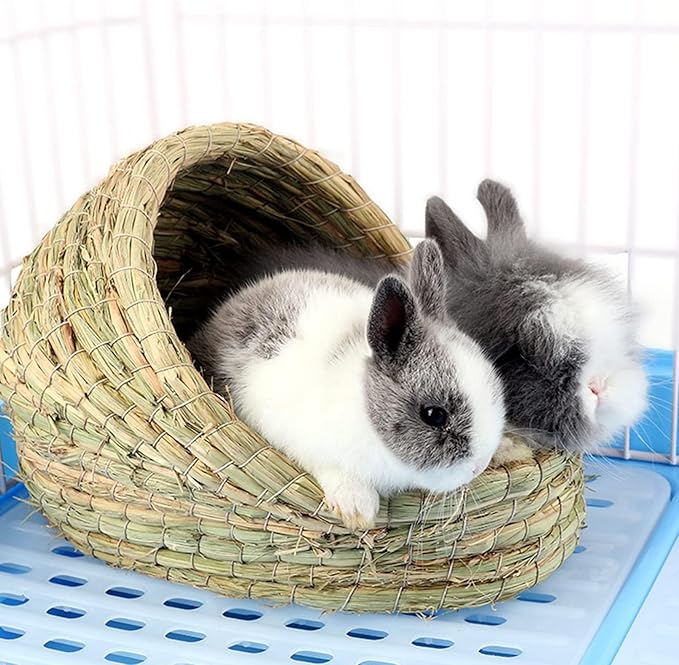 kathson Guinea Pig Grass House Guinea Pig Hideout Bunny Woven Hay Bed Hand Woven Natural Grass House for Hamster Bunny and Small Animals with Hay Chew Balls Toys(Small)
