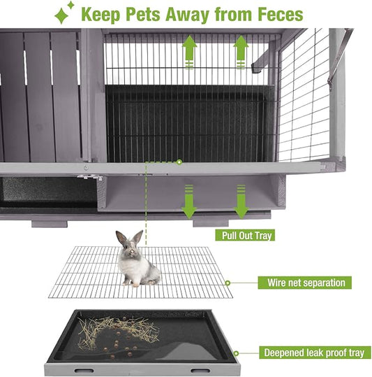 GUTINNEEN Guinea Pig Cage Indoor Wooden Rabbit Hutch with Metal Floor Grid and Removable Tray for Easy Cleaning, Bunny Cages Outdoor Waterproof Roof and Elevated Legs