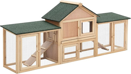 PawHut 83" L Outdoor Rabbit Hutch with Double Runs, Large Guinea Pig Cage Indoor, Wooden Bunny Hutch with Weatherproof Roof, Removable Tray, Ramps, for Rabbits, Chickens, Ducks, Natural