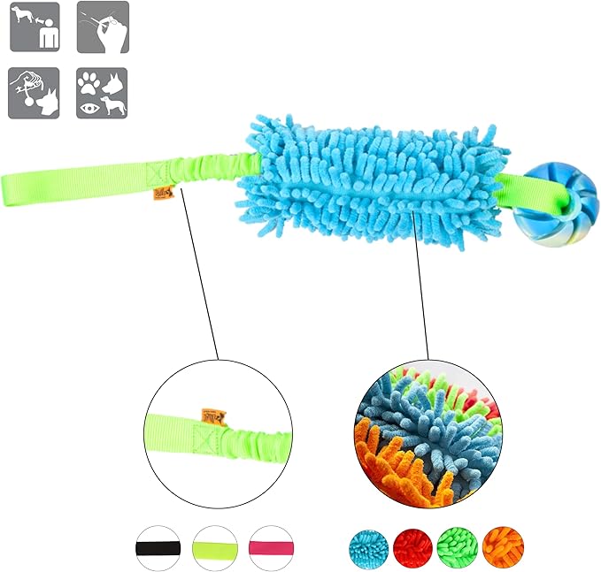 Dingo Dog tug of war Toy for Outdoor Play Traning Agility,Cuddly and Shaggy Plush tug Toy for Motivation and Fun,Soft Nubby-Textured Noodle Plush with Bungee Shock Absorber and Rubber Ball Blue 15587