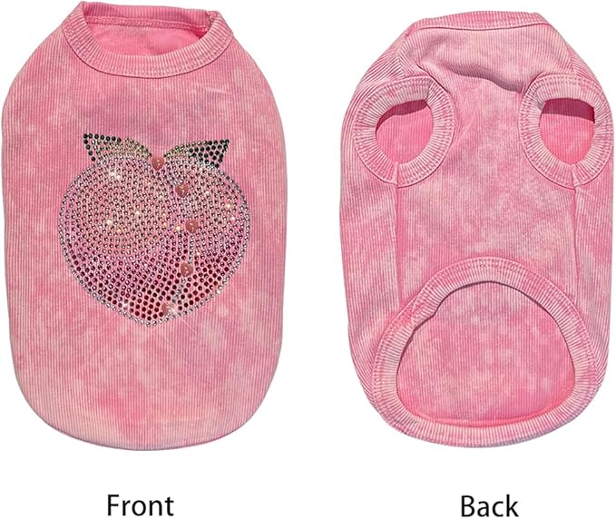 Washed Cotton Pet Vest with Rhinestone Fruit Designs, Soft & Stylish Small Dog Cat Vest for Spring Summer, Breathable & Shiny (Pink-Peach, X-Small)