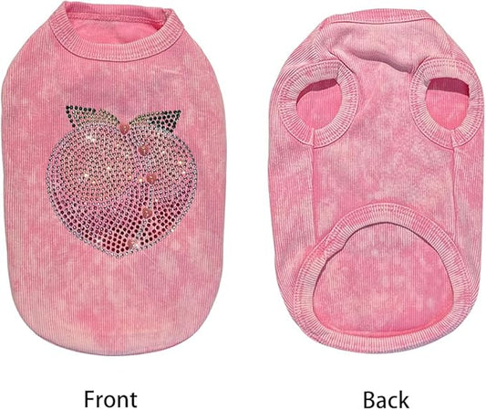 Washed Cotton Pet Vest with Rhinestone Fruit Designs, Soft & Stylish Small Dog Cat Vest for Spring Summer, Breathable & Shiny (Pink-Peach, X-Small)