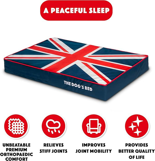 The Dog’s Bed Orthopedic Memory Foam Dog Bed, Medium Blue & Red Trim UK Center Flag 34x22, Pain Relief for Arthritis, Hip & Elbow Dysplasia, Post Surgery, Supportive, Calming, Waterproof Washable