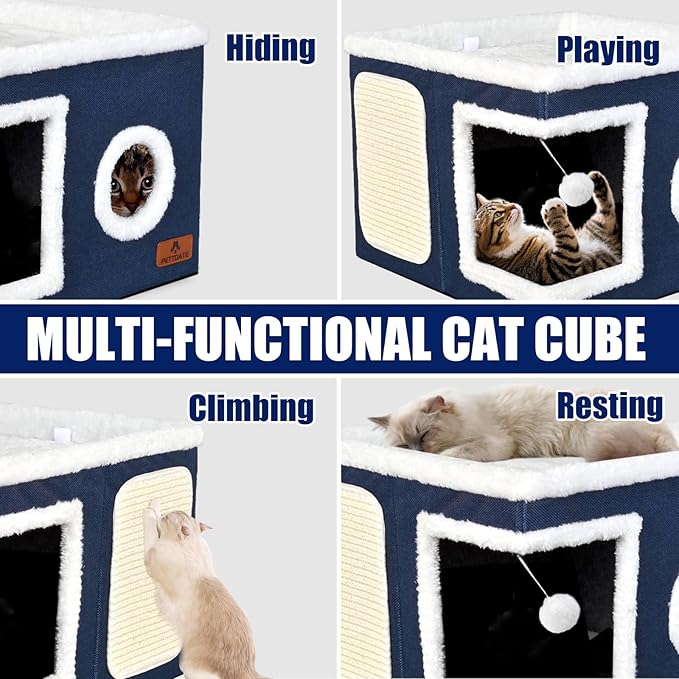Cat Beds for Indoor Cats - Foldable Cat Hideaway with Hanging Fluffy Ball and Scratch Pad, Large Cat Bed Cave with Reversible Cushion for Multi Small Pet Kitten, Blue