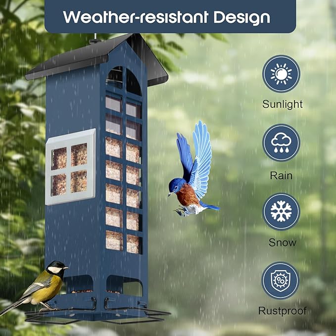 Squirrel Proof Bird Feeder,Mesh Metal Bird Feeders for Outdoors Hanging,2LB Large Capacity, Gravity Protection Squirrel Proof Wild Bird Feeders with Finch Cardinal Chickadee (Blue)