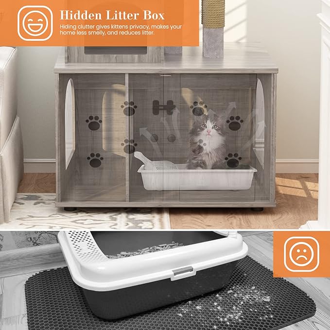 DKLGG Litter Box Enclosure with Cat Tree, Large Cat Tree with Hidden Litter Box Enclosure | All-in-one Indoor Kitten House w/Sisal Scratching Post, Plush Perch Platform & Divided Condo (Grey)
