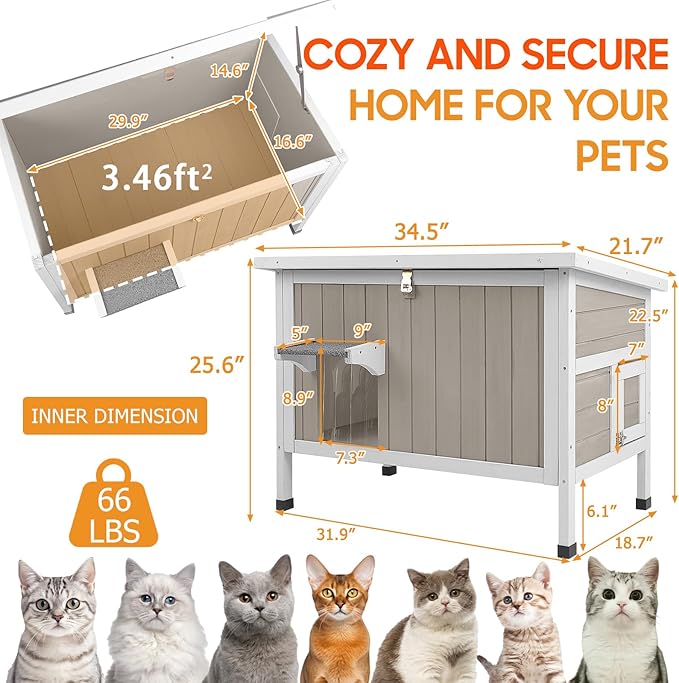 Insulated Cat House Outdoor Weatherproof Feral Cat Shelter for Winter, All-Round Foam Insulation Wooden Pet House for Small Animals with Escape Door,Openable Roof(34.5"L x 21.7"W x 25.6"H)