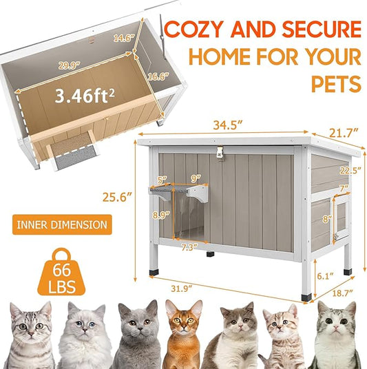 Insulated Cat House Outdoor Weatherproof Feral Cat Shelter for Winter, All-Round Foam Insulation Wooden Pet House for Small Animals with Escape Door,Openable Roof(34.5"L x 21.7"W x 25.6"H)