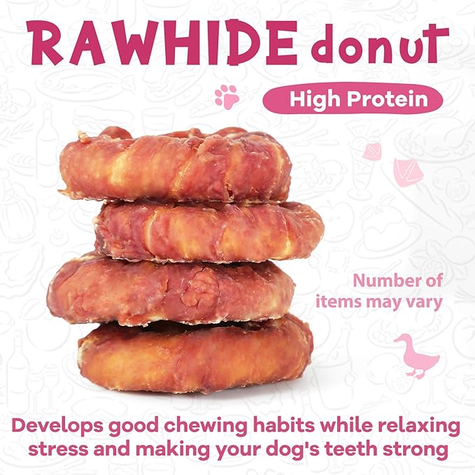 Duck Dog Chews, Donut Rawhide Treat, Long Lasting Rawhide Ring, Natural w/Taurine, 12.5oz