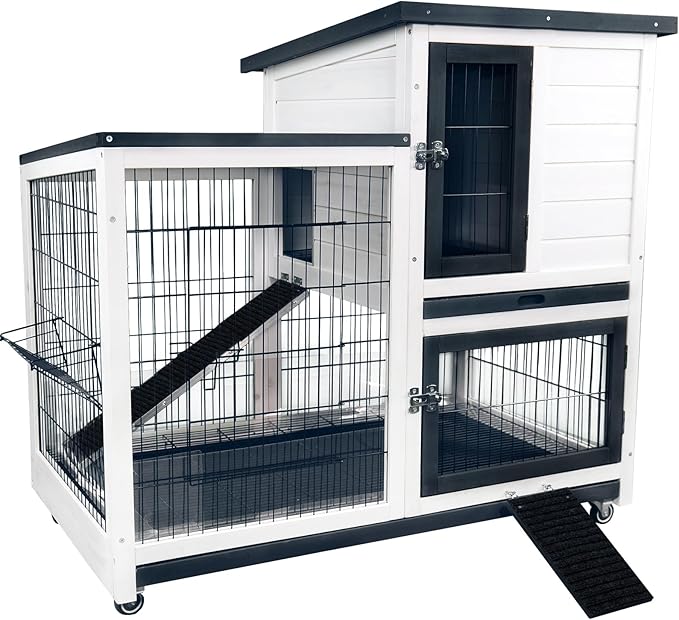 Rabbit Hutch Indoor Bunny Cage Outdoor with Urine Guards 2 Storey Mobile Guinea Pig Cage Weatherproof Asphalt Roof Wire Bottom 2 Trays
