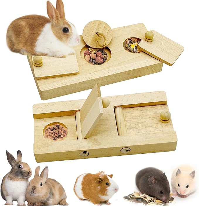 Hamiledyi Guinea Pig Foraging Toys Interactive Wooden Rabbit Toys Sniff n' Snack Rabbit Treats Bunny Toys Interactive Hide Treats Puzzle Snuffle Game for Rabbit Chinchilla Bunny Rats Gerbils (2 Sets)