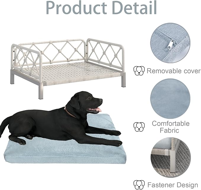 Wicker Dog Bed with 2" Cushion,Rattan Dog Sofa Bed for Small Medium Dogs– Indoor/Outdoor Metal Frame Pet Bed up 66lbs (Grey Rattan Grey Cushion)
