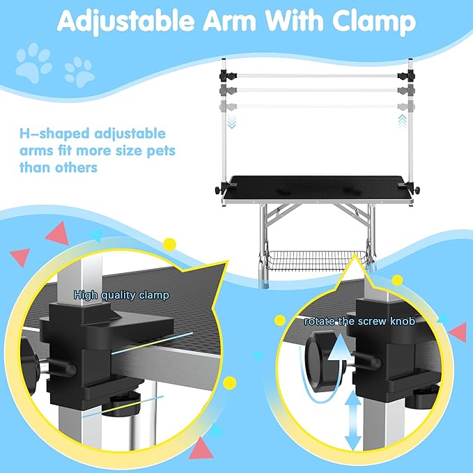 36''Large Dog Grooming Table, Adjustable Cat Drying Desktop with Arms, Nooses, Mesh Tray, Foldable Pet Station at Home, Maximum Capacity Up to 330Lb, 36inch, Black