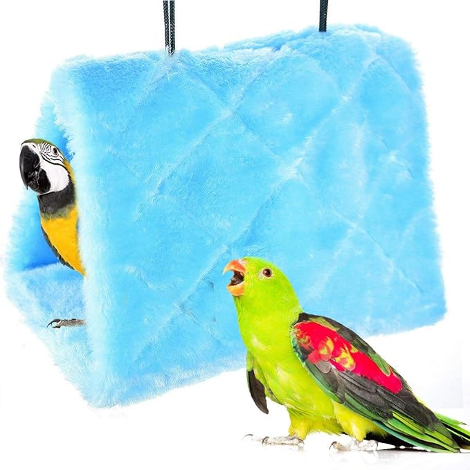 Winter Warm Bird Nest House Shed Hut Hanging Hammock Finch Cage Plush Fluffy Birds Hut Hideaway for Hamster Parrot Macaw Budgies Eclectus Parakeet Cockatiels Cockatoo Lovebird (L, Blue)