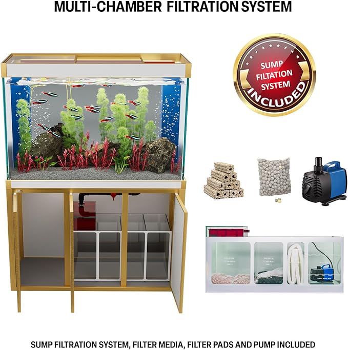 175 Gallon Aquarium Fish Tank with Upright Fishtank Stand Water Pump Freshwater Filter LED Bundle and Straight Corners Clear Glass - White with Gold Trims