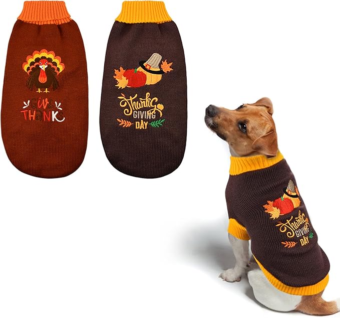 Vehomy 2Pcs Dog Cat Thanksgiving Sweaters Dog Pumpkin Turkey Sweaters Thanksgiving Dog Cat Turtleneck Knitwear Shirt Clothes Dog Puppy Halloween Costume Clothes for Small Medium Dogs Cats XL