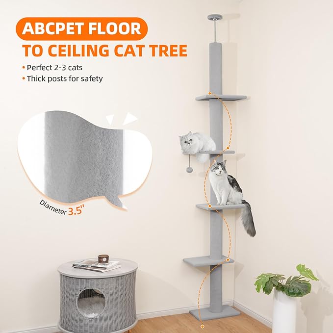 Cat Tree Floor to Ceiling Cat Tower 5-Tier Carpet Kitten Tree Cat Climbing Tower with Adjustable Height 98"-108", Tall Cat Trees with Platforms and Dangling Balls for Indoor Cats, Ash Grey
