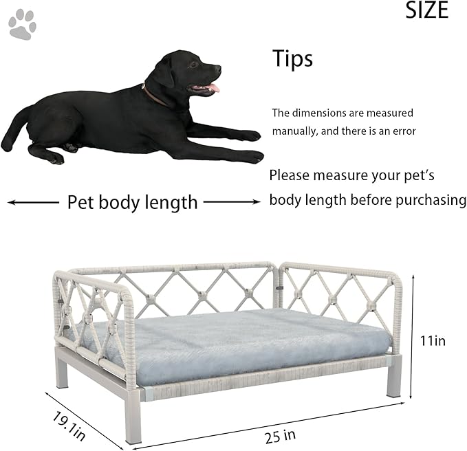 Wicker Dog Bed with 2" Cushion,Rattan Dog Sofa Bed for Small Medium Dogs– Indoor/Outdoor Metal Frame Pet Bed up 66lbs (Grey Rattan Grey Cushion)