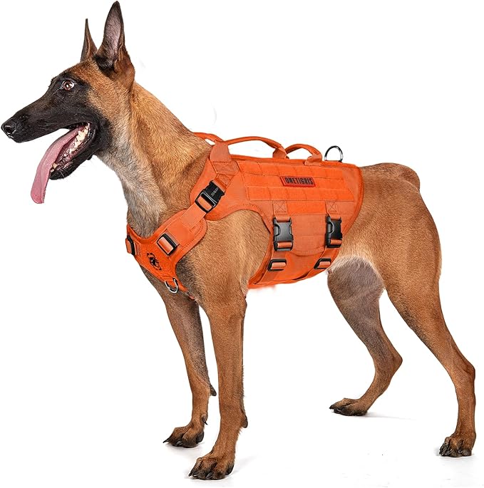 OneTigris Large Tactical Dog Harness, No Pulling Adjustable Dog Vest Harness, Heavy Duty Dog Harness with Handle, Large Hook and Loop Panels for Patch(Orange,S)