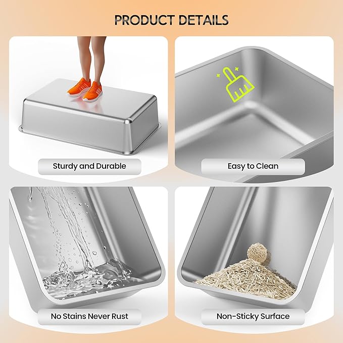 Stainless Steel Cat Litter Box with Lid, Cat Metal Litter Box with High Sides, 24"L x 16"W x 12"H, Extra Large Enclosed Litter Pan, Grey, 2PC (Non-Sticky, Easy to Clean, Anti-Urine Leakage)