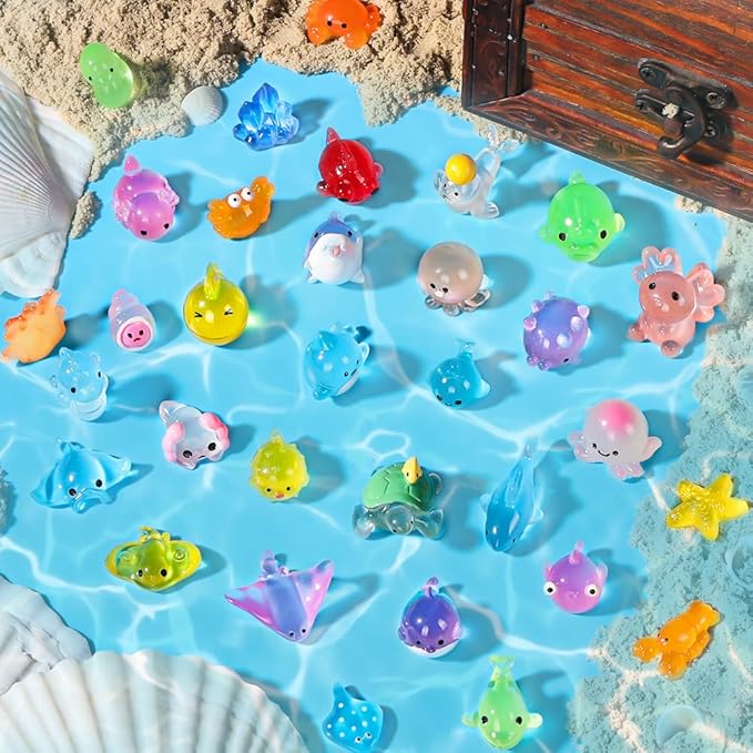 60PCS Luminous Mini Resin Animals 60 Styles Tiny Sea Animals Glow in The Dark Miniature Little Ocean Figures to Hide Small Plastic Animal for Party Favors Bag Fillers Garden Dollhouse Decor