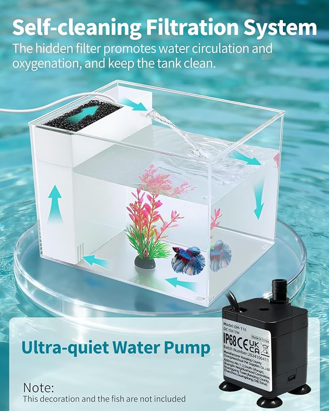 Fish Tank Betta Starter Kit 1 Gallon Desktop Small Aquarium Kit with LED Light and Filter Media & Water Pump– Compact Aquarium for Betta Fish, Small Fish, Shrimp, or Plants