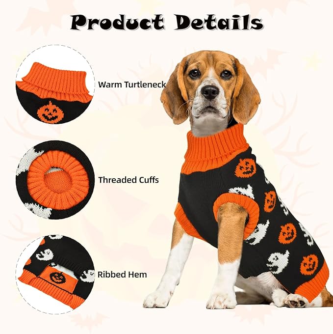 Vehomy Dog Halloween Sweater Pet Pumpkin Ghost Costume Cat Pumpkin Turtleneck Knitwear Shirt Pullover Dog Puppy Halloween Sweaters Clothes Outfits for Cats Small Medium Large Dogs M