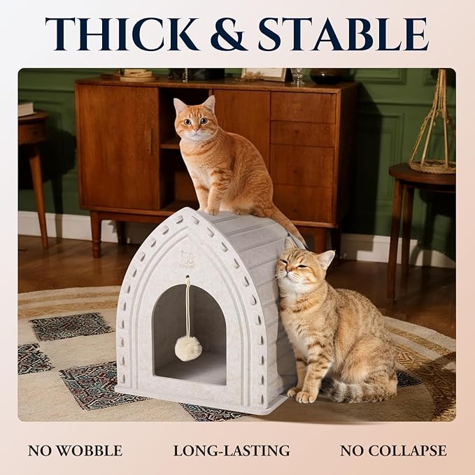 Apasiri Thermal Insulatef Cat Bed Cave for Indoor Cats: Felt Cat Scratcher House, Enclosed Cat Bed, Cat Shelter for Anxious Cats, Private Kitten Condo, Cat Hut No-Tool Assembly, 11.6x11.6x13.8 Inches