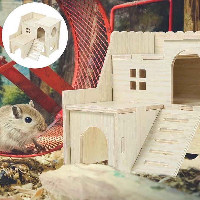 LOGOFUN Wooden Hamster Hideout Castle Multi-Chamber Hide Hut with Climbing Ladder for Chinchillas Guinea Pigs Small Pet Cage Accessories - 6 * 5 * 5in