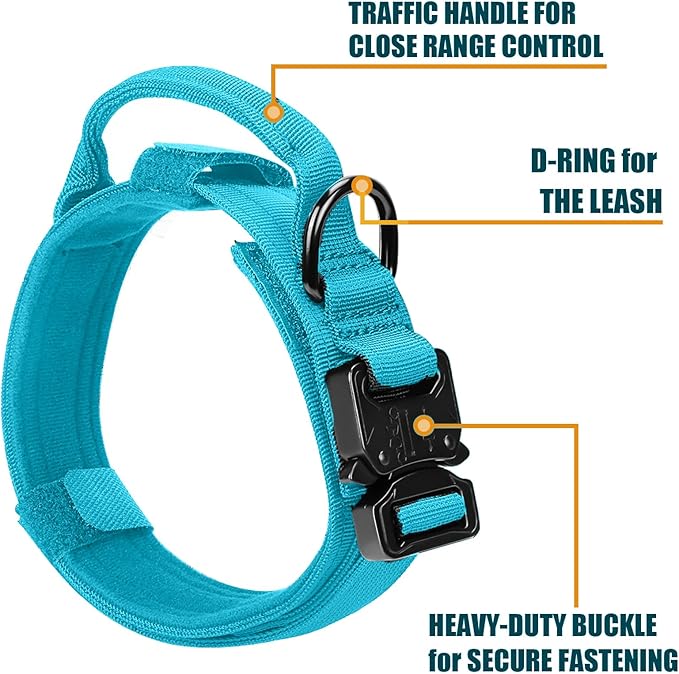 Tactical Dog Collar and Bungee Leash,Military Dog Collar & Leash Set with USA American Flag Adjustable K9 Collar with Heavy Duty Metal Buckle & Handle,with Patches and Airtags Case (Light Blue, M)