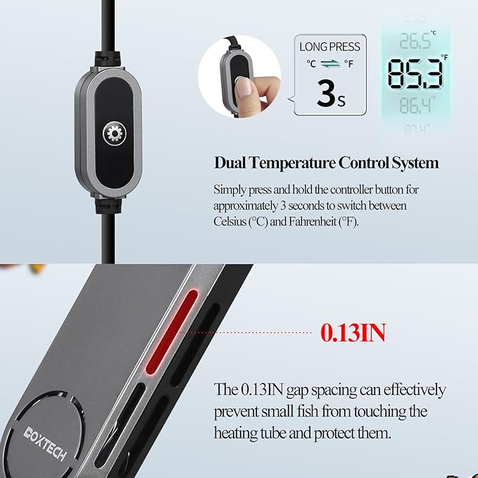 boxtech Betta Fish Tank Heater - Small Aquarium Heater 75w for Turtle Tank with Led Digital Display, External Temperature Controller for 8 to 17 Gallon Tanks