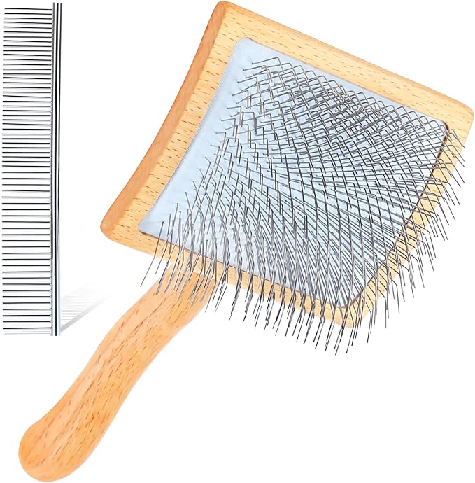 Dog Slicker Brush for Shedding and Grooming Medium or Long Haired Cats, Extra Long & Soft Pin Slicker Brush for Removes Loose Hair, Tangles, Knots, Undercoat, Free Pet Comb, Large, Clear