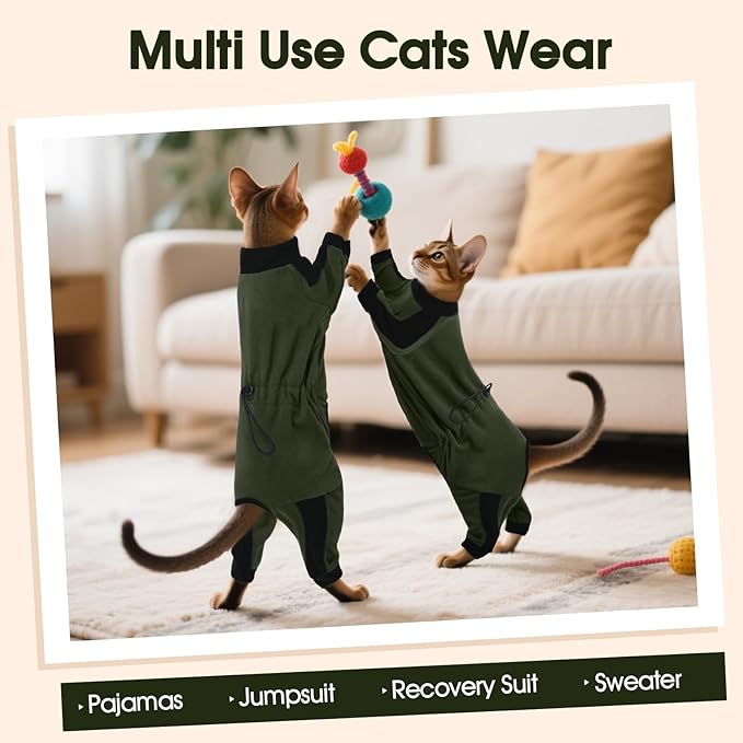 DENTRUN Cat Clothes with Anti-Shedding Fabric - Soft Recovery Suit & Breathable Lint-Resistant Cat Sweater for Wound Care & Hair Control, Kitten Onesie Pajamas, S, Army Green
