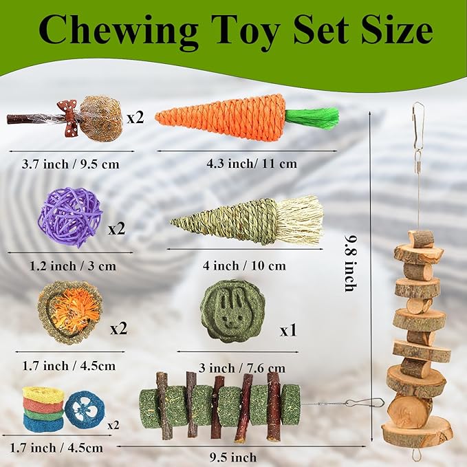 Rabbit Chew Toys for Teeth, Natural Wood Sticks Timothy Grass Chew Bunny Treat Toys for Rabbit Guinea Pig Hamster Chinchilla Gerbil