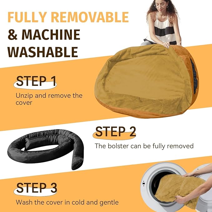 Orthopedic Waterproof Large Dog Bed: Memory Foam Washable Dog Bed with Bolsters - XL Removable Washable Cover for Medium Large Sized Pet - Non-Slip Bottom - Orange