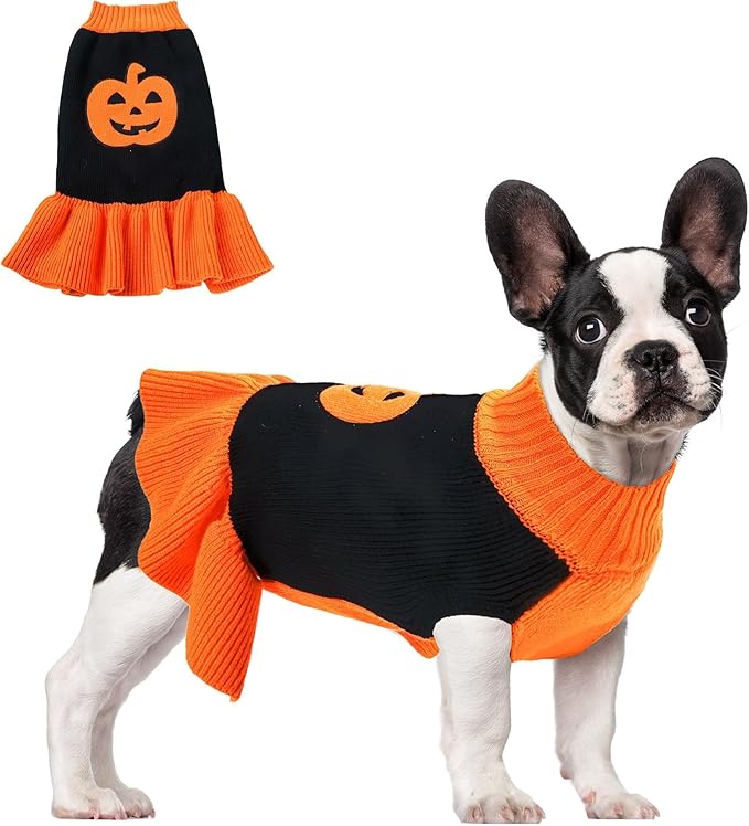 NACOCO Halloween Dog Sweater Dress - Pet Pumpkin Knitted Clothes Cat Sweatshirt Soft Thick Winter Warm Knitwear Outfits Apparel for Small Medium Large Dog Girl Cat (Orange, M)