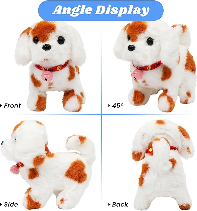 Hopearl Walking Dog with Bell Interactive Electronic Pet Plush Toy Puppy Woof and Moving Animated Nodding Head Gifts for Toddlers Birthday, Brown, 7''