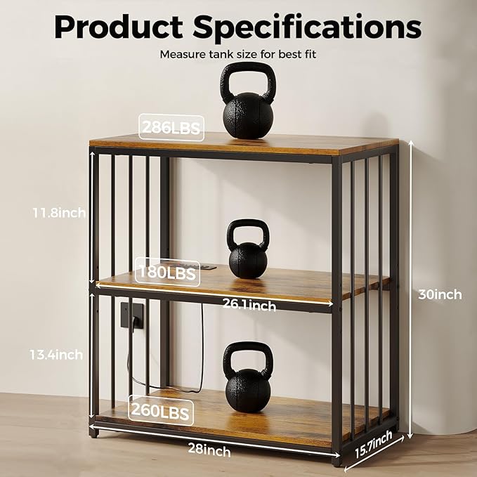 20 Gallon Fish Tank Stand with Power Outlet, Aquarium Stand with Shelf, Metal Reptile Terrarium Tank Stand, 3-Tier Adjustable Storage Shelves, 28''L×15.7''W×30''H, Retro Brown