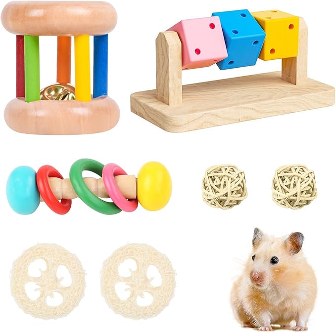 7 Pcs Wooden Hamster Toys,Hamster Chew Toys,Safe Eco-Friendly Rabbit Toys,Wooden Small Animal Cage Accessories, Bite-Resistant Guinea Pigs for Small Animals Playing Teeth Grinding Indoor