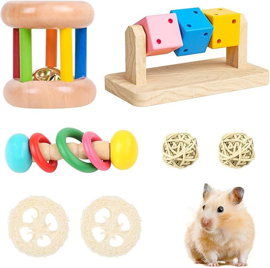 7 Pcs Wooden Hamster Toys,Hamster Chew Toys,Safe Eco-Friendly Rabbit Toys,Wooden Small Animal Cage Accessories, Bite-Resistant Guinea Pigs for Small Animals Playing Teeth Grinding Indoor