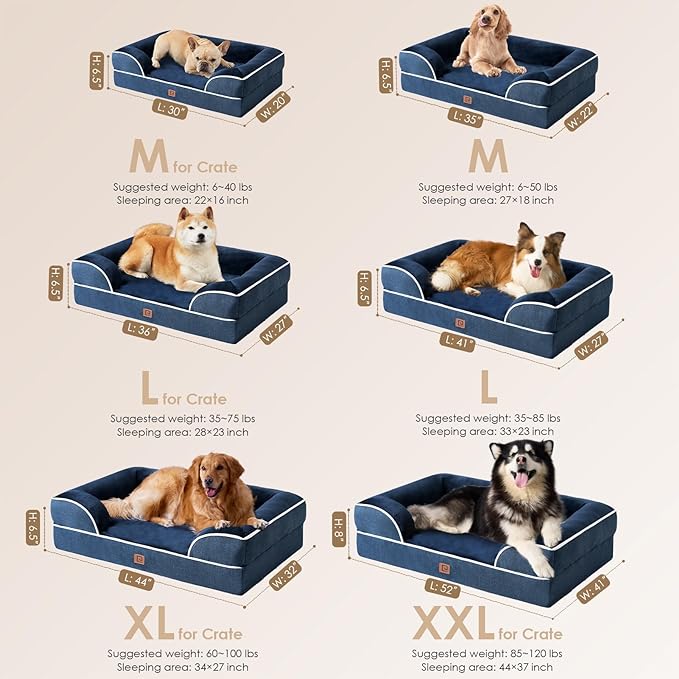 EHEYCIGA Orthopedic Dog Beds for Extra Large Dogs, Waterproof Memory Foam XL Dog Bed with Sides, Non-Slip Bottom and Egg-Crate Foam Big Pet Couch Bed with Washable Removable Cover, Navy