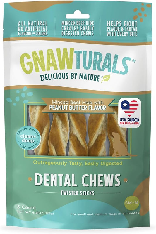 Dental Chews Twisted Sticks | for Medium and Large Dogs | USA Sourced Beef-Hide | Natural Scrubbing Action Fights Plaque and Tartar Refreshing Your Dog's Breath (5 Sticks, Peanut Butter)