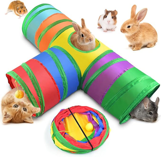 Bissap Rabbit Tunnel, 9.8'' Collapsible Bunny Tunnel and Tube 3 Ways Pet Hideout with 1 Play Ball for Indoor Kittens Dwarf Rabbit Bunny Guinea Pig Chinchilla Small Animal Activity Fun Toy (Rainbow)