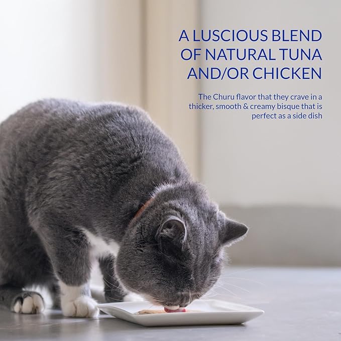 INABA Churu Bisque for Cats, Creamy Lickable Purée Side Dish with Vitamin E, 1.4 Ounces per Pouch, 12 Pouches, Tuna with Salmon Recipe