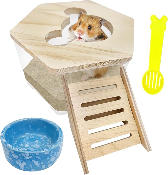 Hamiledyi Hamster Sand Bath Box Transparent Gerbil Digging Sand Container Acrylic Small Dwarf & Syrian Hamster Shower Bathtub with Climbing Ladder Bowl and Scoop Cage Accessories for Lemmings
