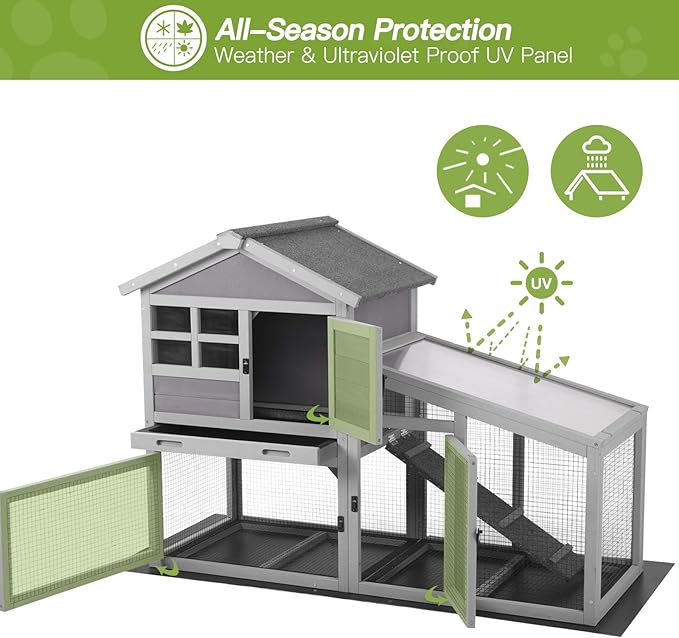 Gutinneen Rabbit House Indoor Outdoor Rabbit Hutch with Ventilation Door,Wooden Bunny cage with No LeakageTray, Removable Bottom Wire Mesh & PVC Layer,Chicken Coop UV Panel