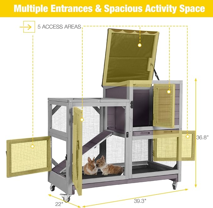 Aivituvin Rabbit Cage Indoor Bunny Hutch on Wheels Outdoor 2 Story Wood Guinea Pig House with 2 Deeper Pull Out Trays (Gray, 39" L x 22" W x 37" H)