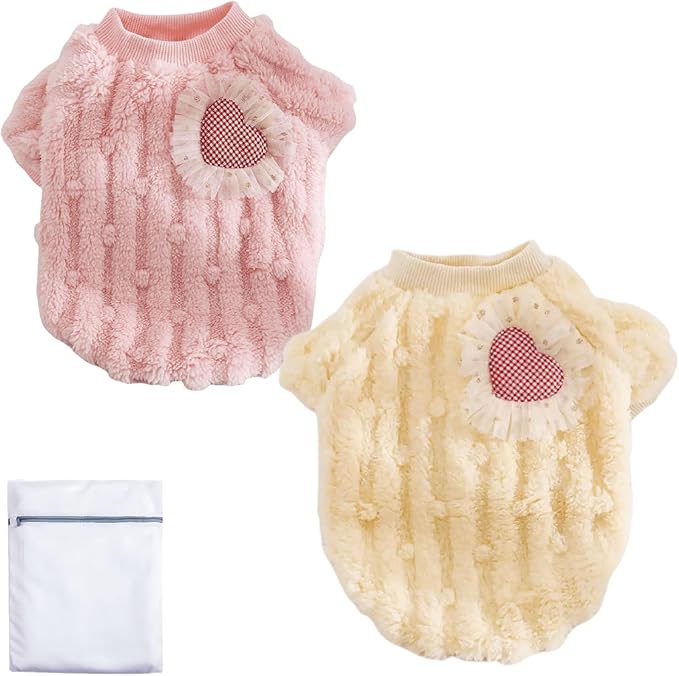 Cute Cat Sweaters Warm Cotton Plush Dog Apparel & Accessories Pink Kitten Turtleneck Sweaters for Indoor Cats and Small Dogs with Pet Laundry Bag (S (3.3-6.6lbs))